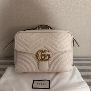 White Gucci Calfskin Matelasse Small GG Marmont Top Handle Shoulder Bag